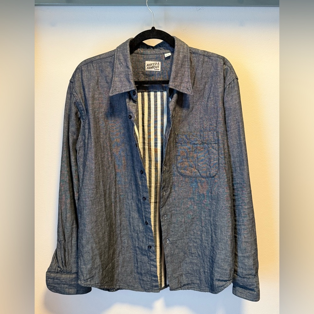 Naked & Famous Men’s Denim button down shirt. Size Large